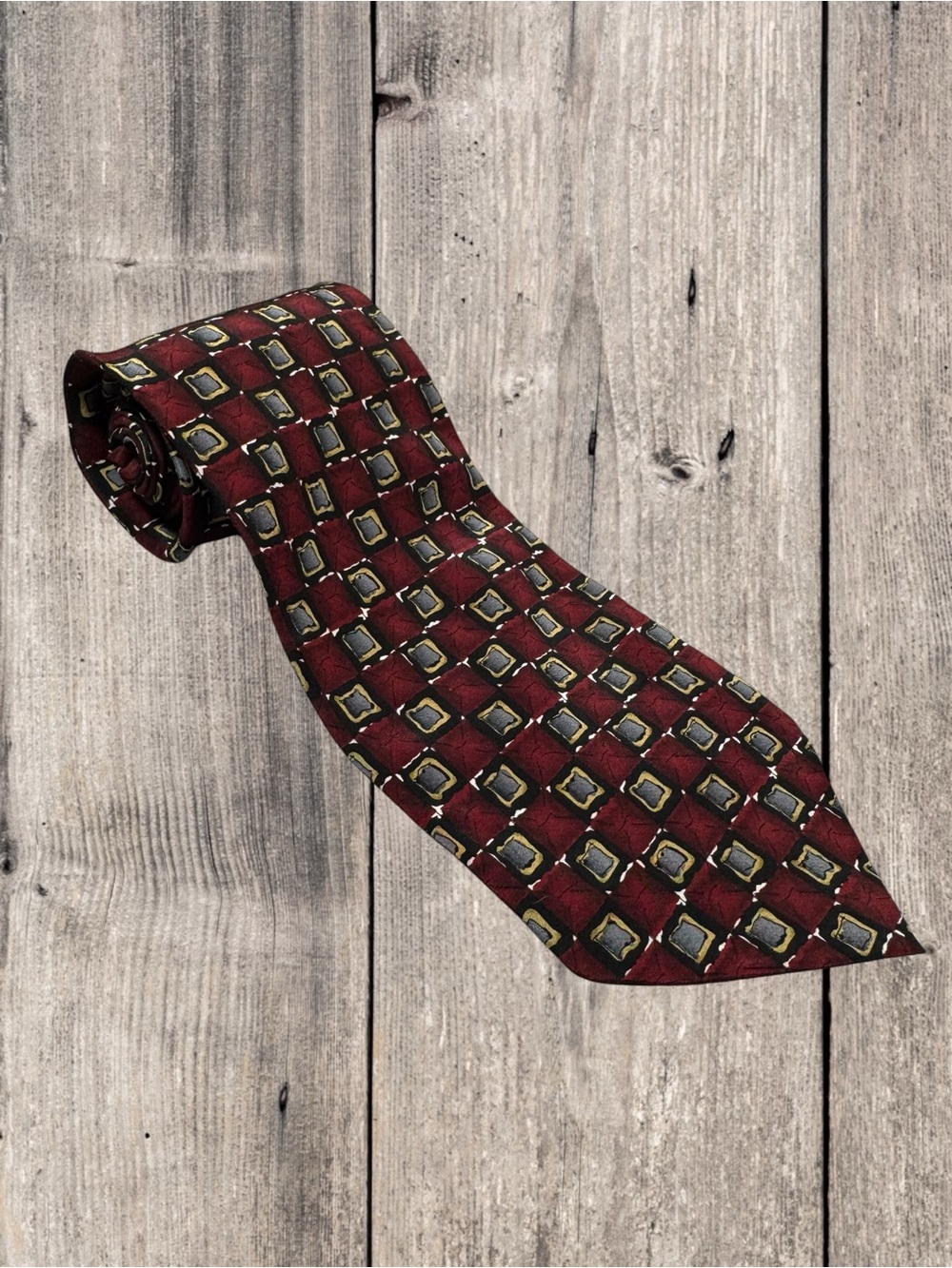 Vintage 1996 J. Garcia Burgundy Geometric 100% Silk Tie